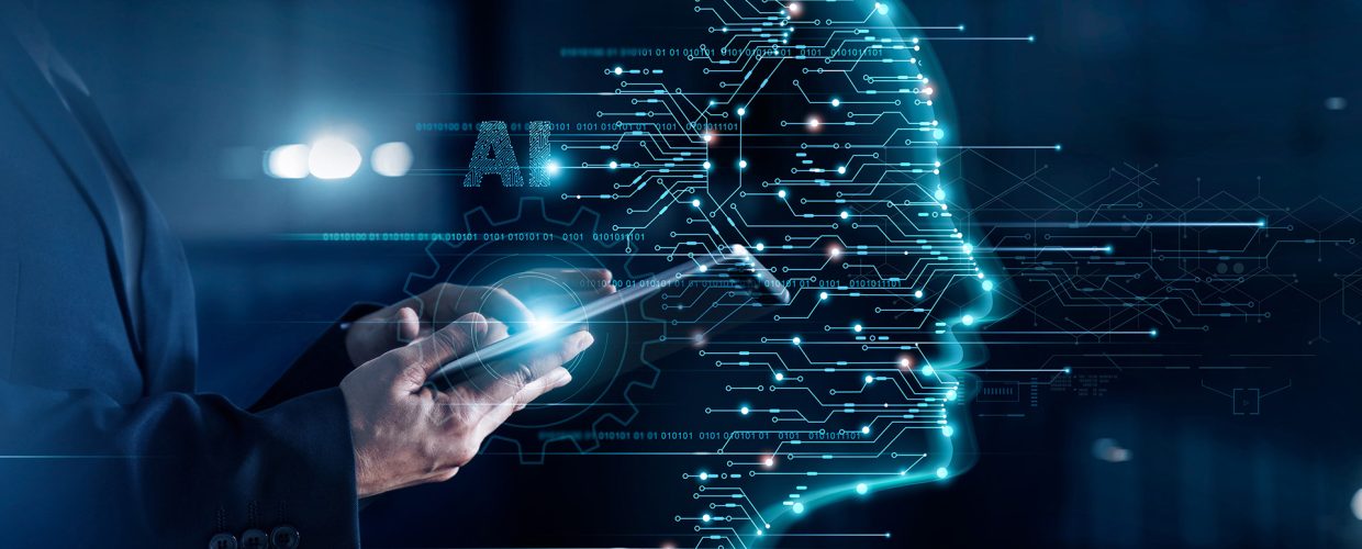 AI, Machine learning, Businessman use tablet and synchronize with structure of brain Artificial Intelligence (AI) on network for working in the futuristic business,  Coding and software development.